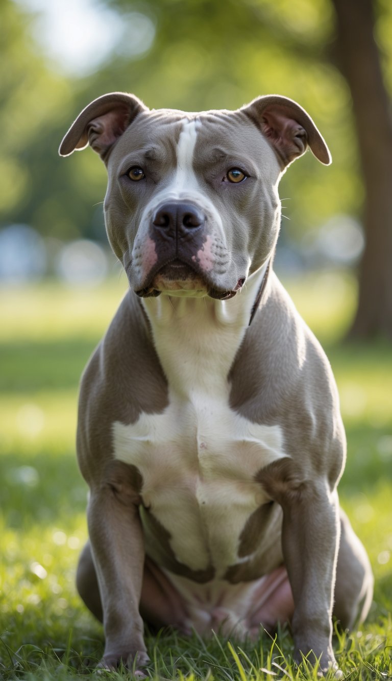 A calm and friendly Pit Bull sitting outdoors on green grass in a sunny park.