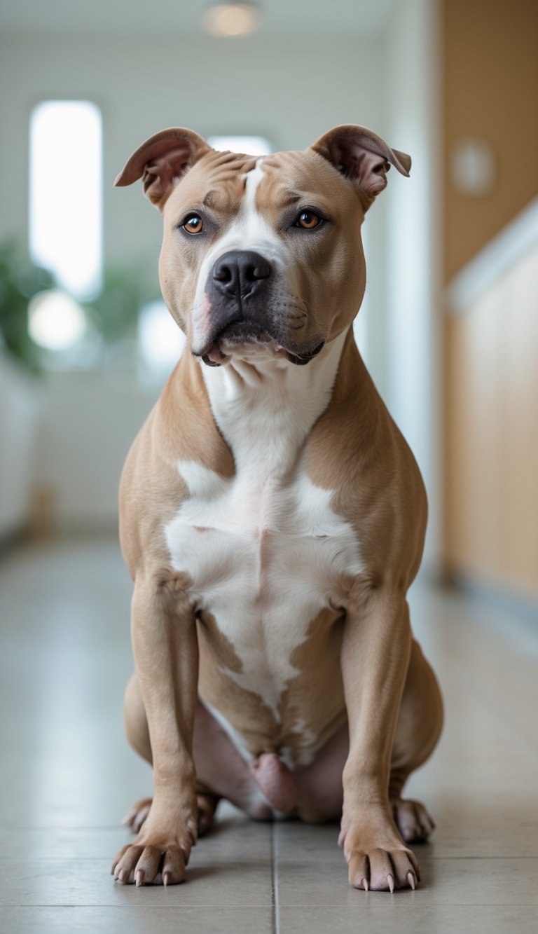 A calm adult Pit Bull dog sitting attentively indoors with a gentle expression.