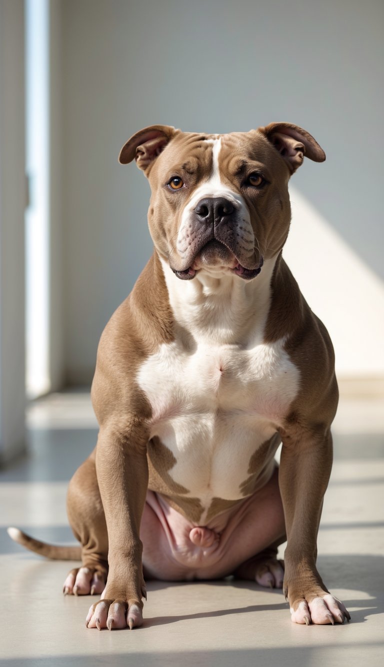 A calm and friendly Pitbull dog sitting indoors with a gentle expression.