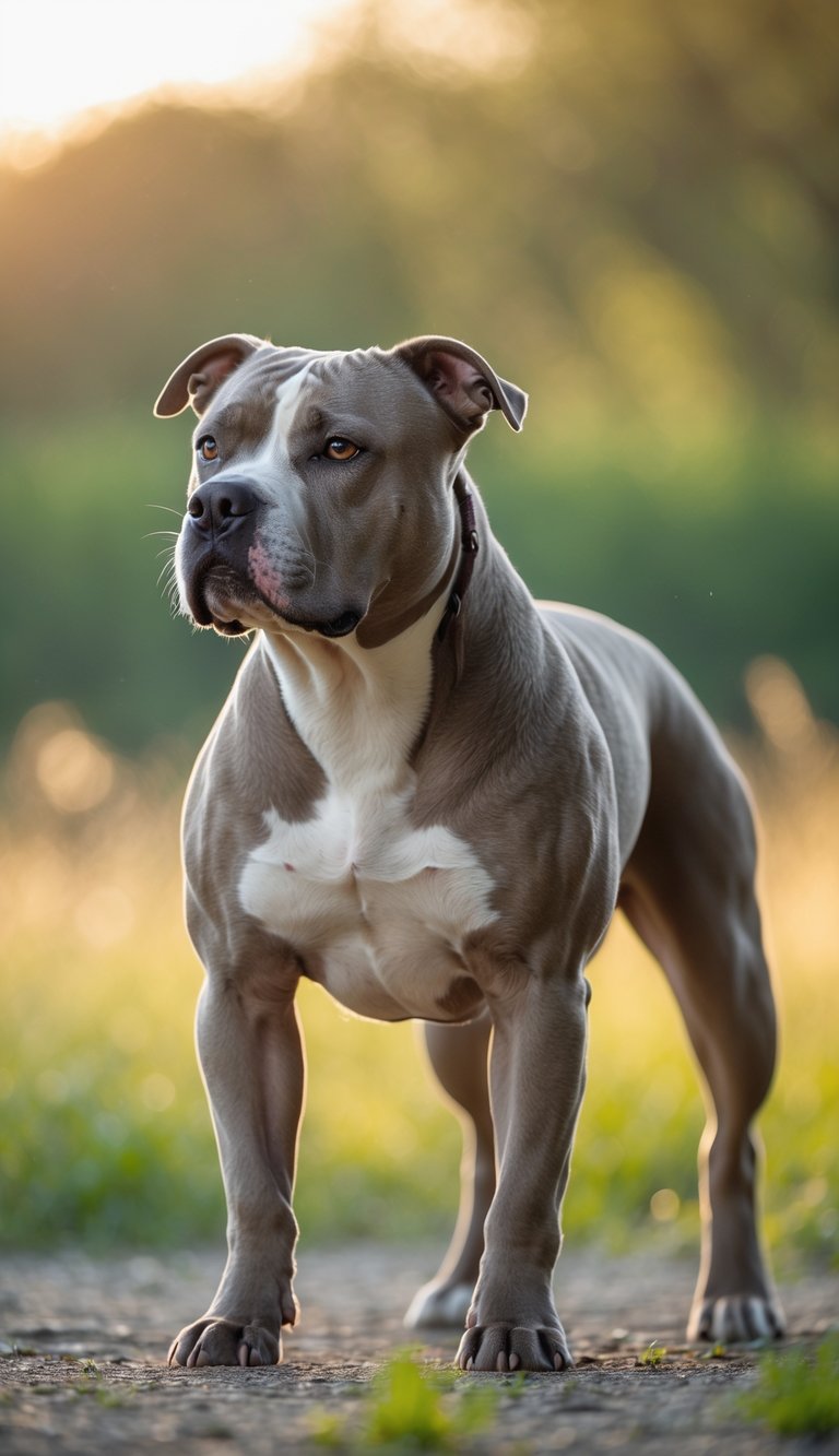 A Pit Bull standing alert outdoors with a blurred green background.