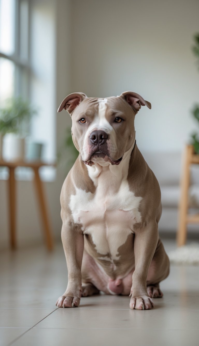 A calm adult Pit Bull dog sitting indoors, looking friendly and relaxed.