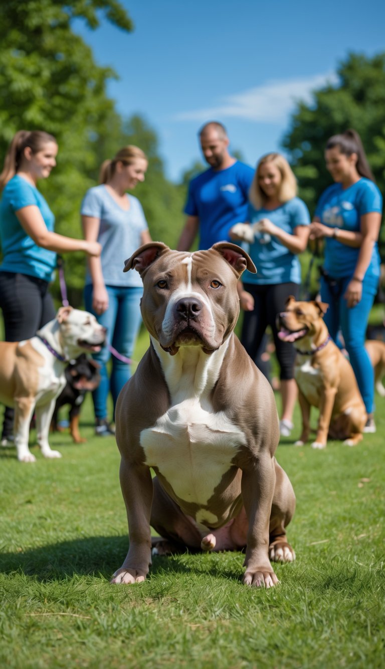 A calm Pit Bull sitting off-leash in a park with people and other dogs in the background.