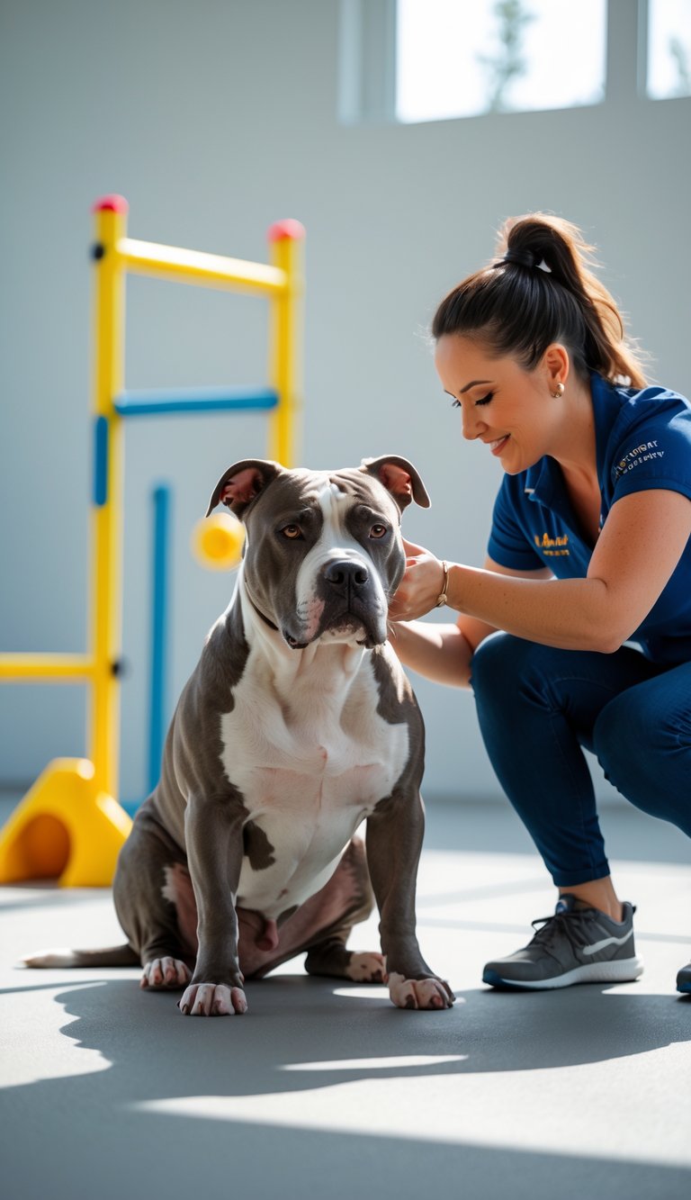 A calm Pit Bull sitting next to a dog trainer who is giving it a treat in a bright training room.