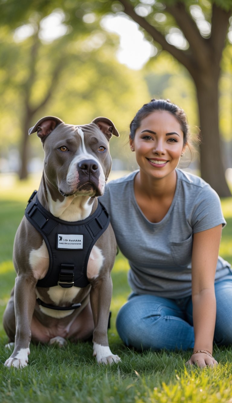 A calm Pit Bull wearing a service dog vest sitting next to a smiling person outdoors in a park.