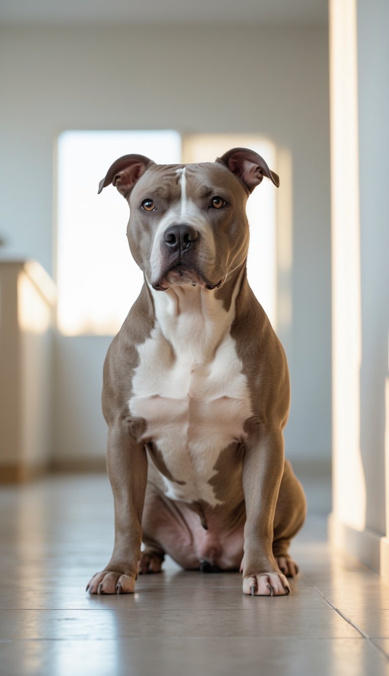 A calm Pit Bull dog sitting indoors with a gentle expression and soft natural lighting.