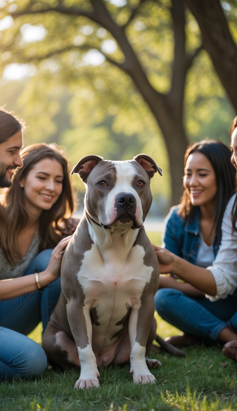 A calm Pit Bull dog sitting outdoors in a park with a person gently petting it, surrounded by greenery and sunlight.