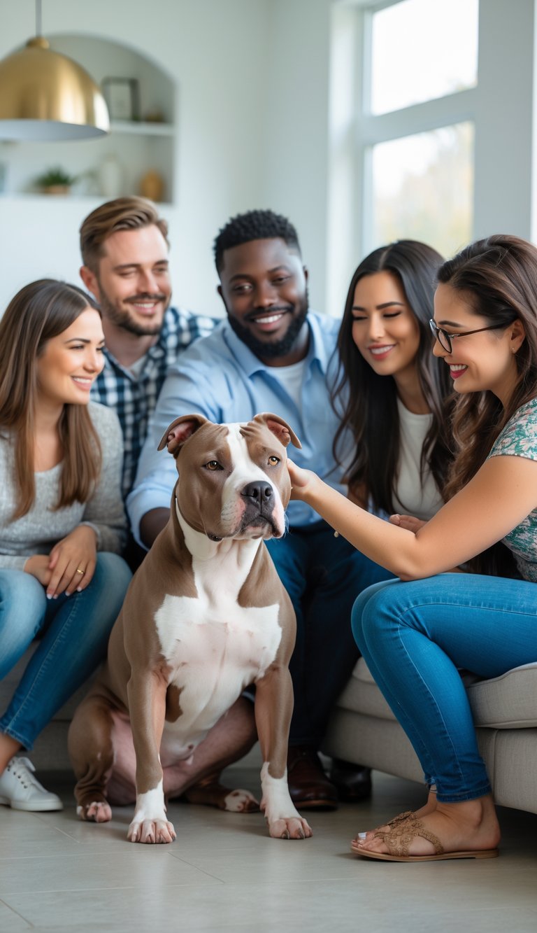 A Pit Bull dog sitting calmly with a group of smiling people in a bright living room, showing affection and trust.