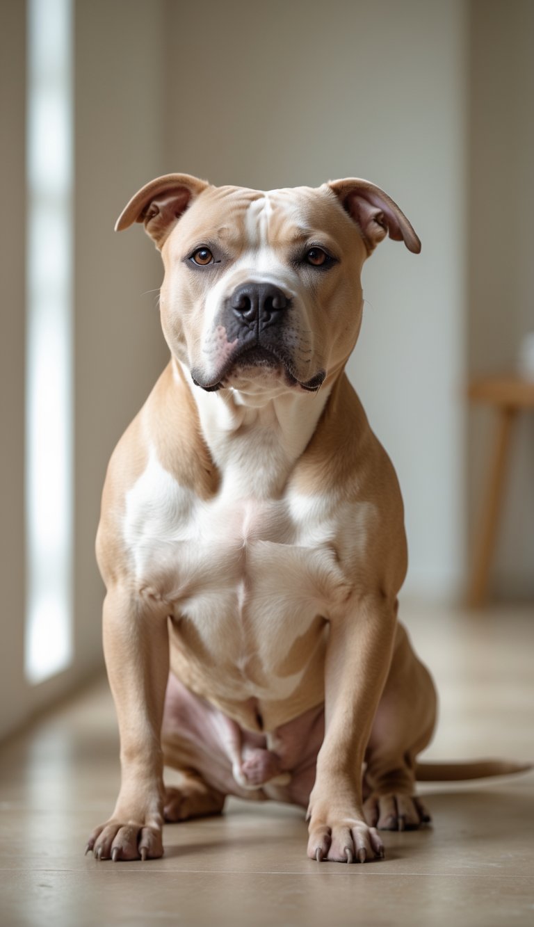 A calm and friendly Pit Bull dog sitting indoors with a gentle expression.