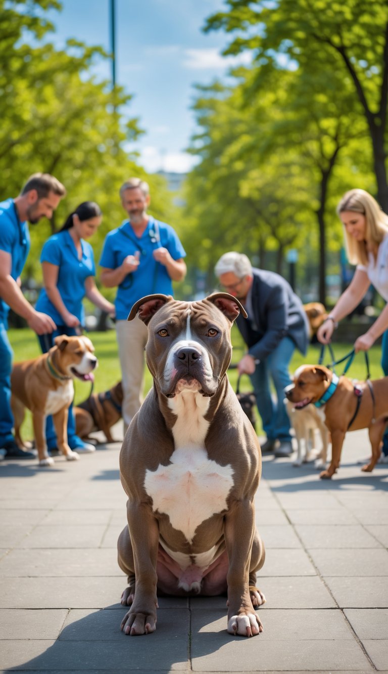 A calm Pitbull dog sitting in a park with people and other dogs interacting peacefully in the background.