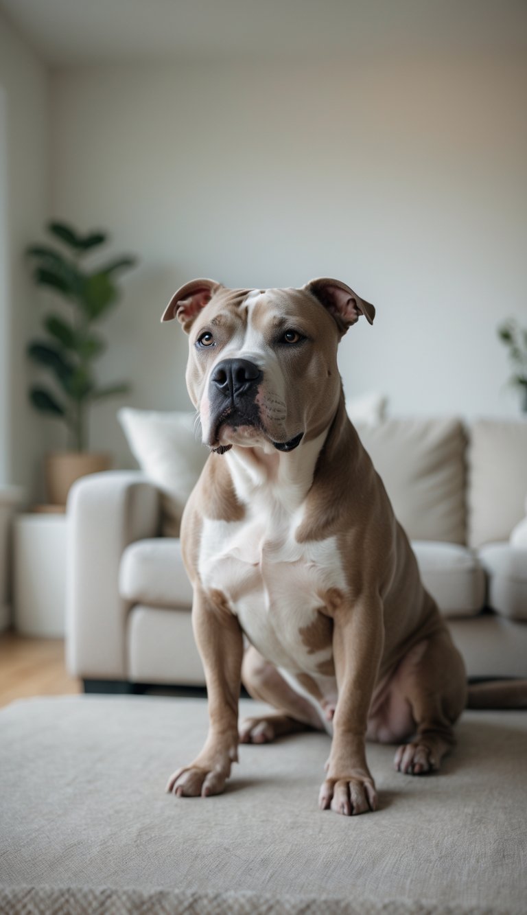 A calm Pit Bull sitting quietly in a tidy living room without children or toys.