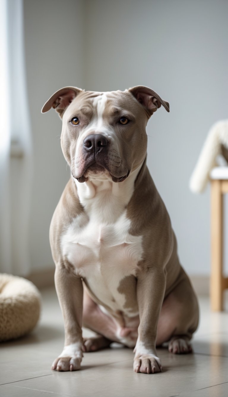 A calm adult Pit Bull sitting indoors with a gentle expression in a bright and cozy setting.