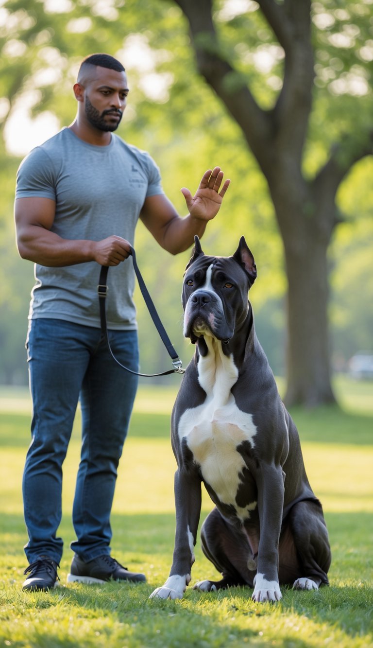 A Cane Corso dog sitting attentively next to its owner in a green park during a training session.