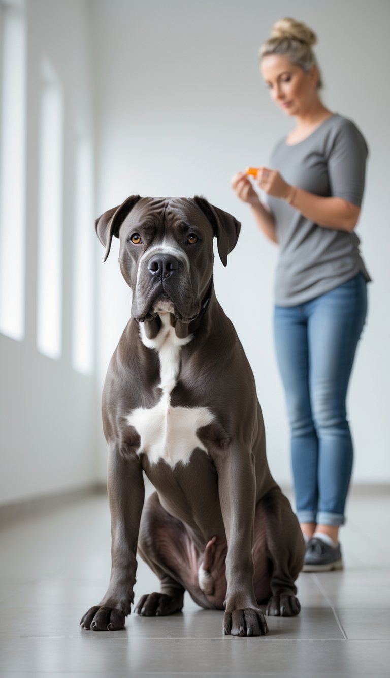 A Cane Corso dog sitting attentively indoors while its owner gives a command.