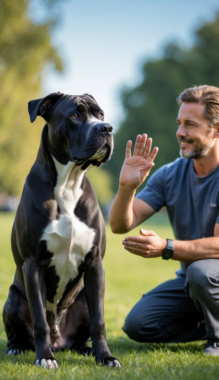 A Cane Corso dog sitting attentively in a park while its owner gives a hand signal for the stay command.
