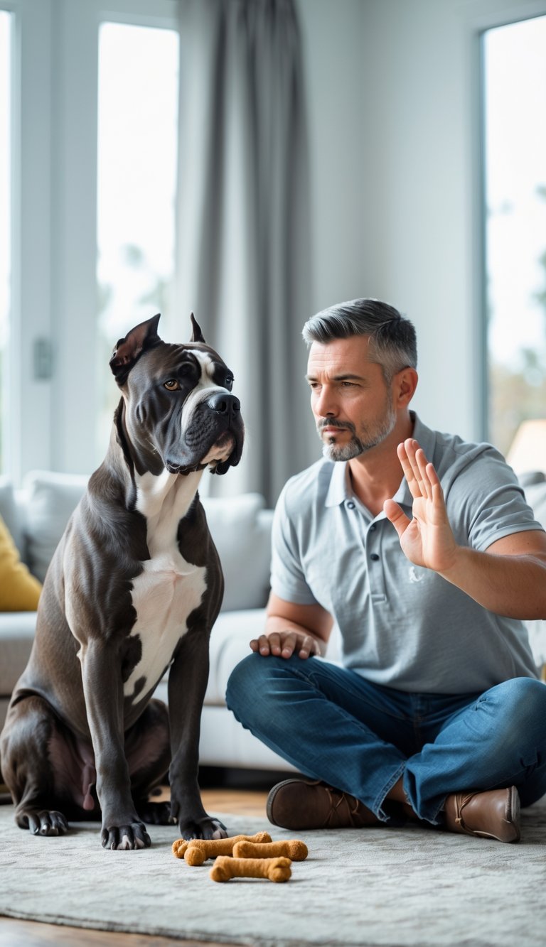A Cane Corso dog sitting attentively next to its owner in a bright living room, responding to a hand signal command.