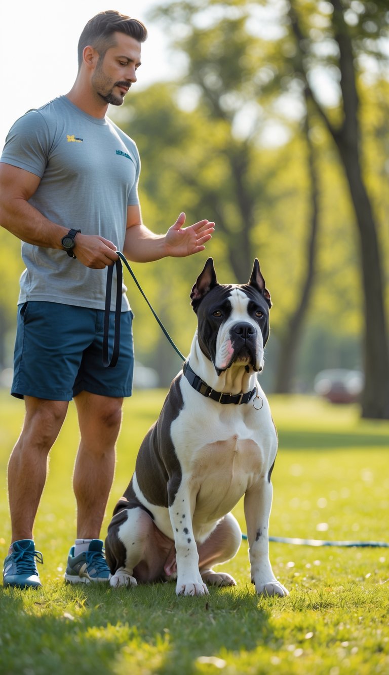 A Cane Corso dog sitting attentively beside its owner in a park during a training session.