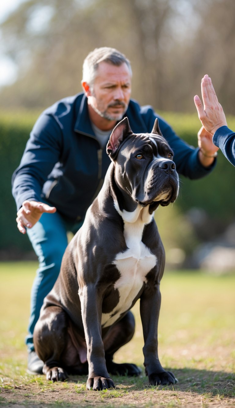 A Cane Corso dog attentively responding to its owner’s command outdoors in a park.