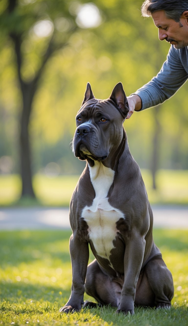 A Cane Corso dog sitting obediently on grass, looking at a person giving a hand command outdoors.