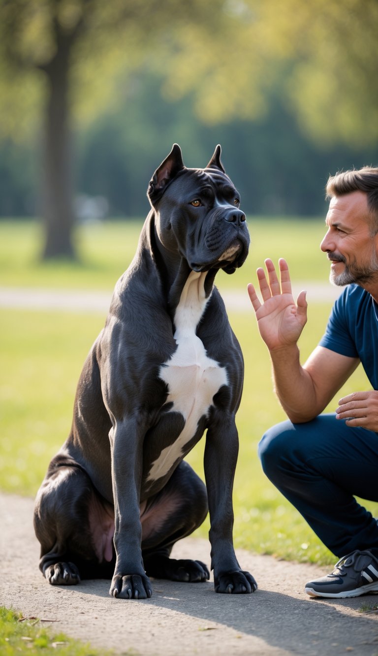 A Cane Corso dog sitting attentively in a park while its owner gives a hand signal for the wait command.