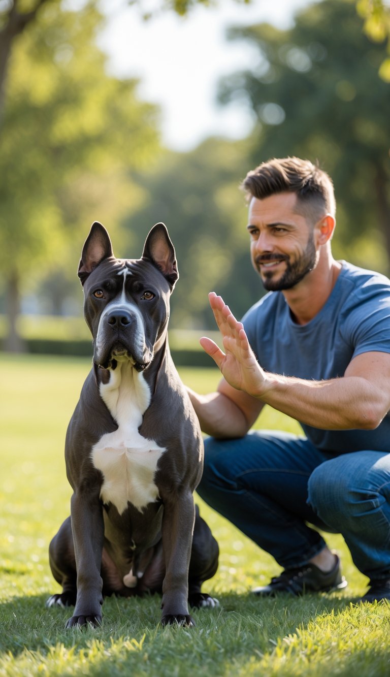 Cane Corso dog sitting obediently on grass while owner gives a hand signal during training in a park.