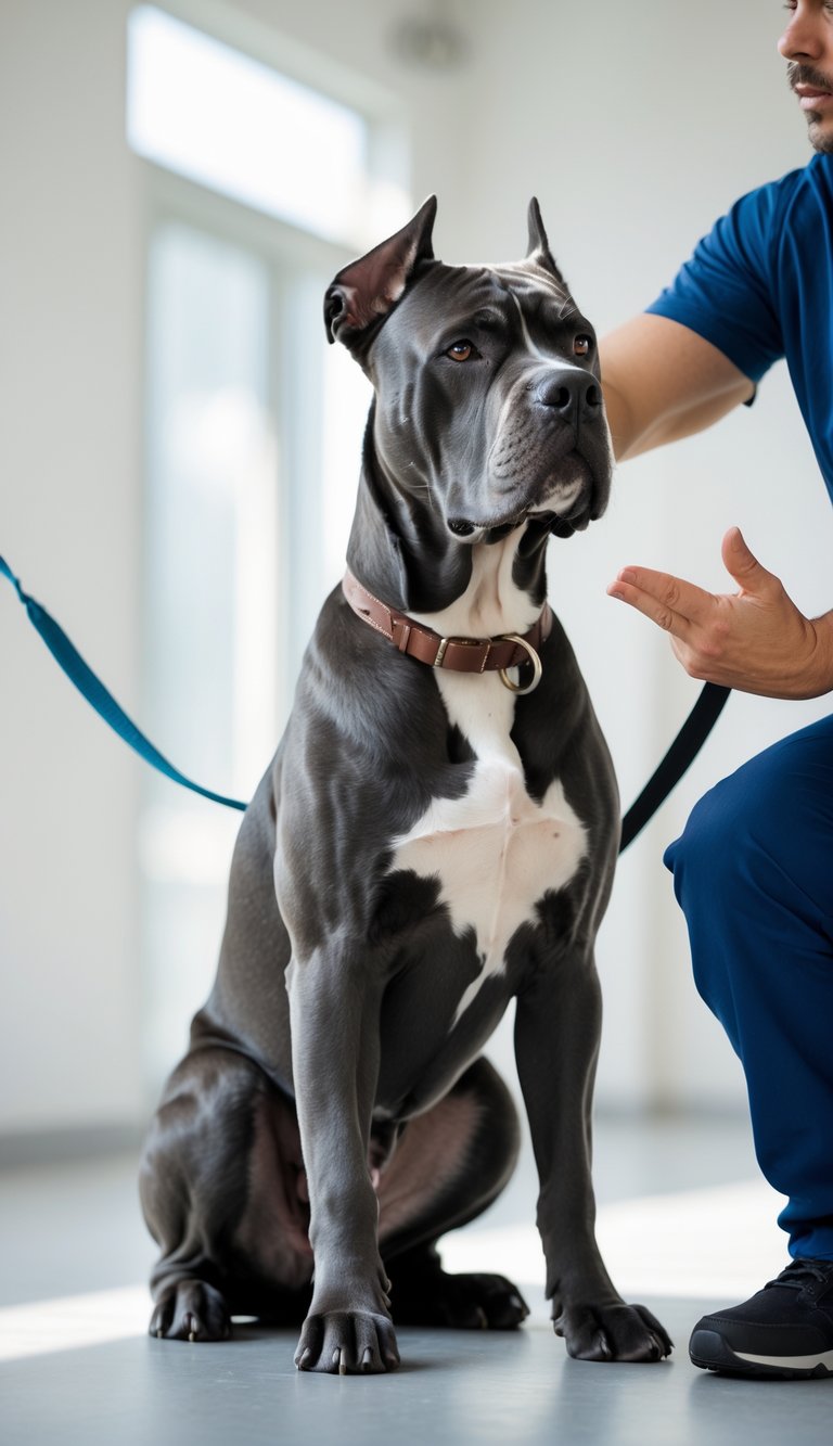 A Cane Corso dog sitting attentively next to its owner who is giving a hand command in a training setting.