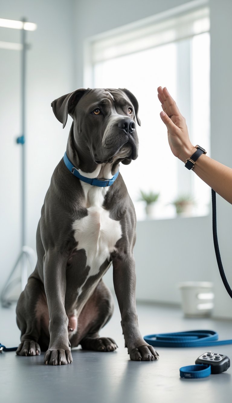 A Cane Corso dog sitting attentively in a training room with a trainer's hand raised, signaling a command.