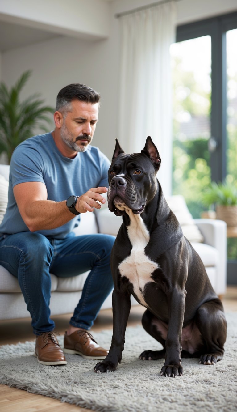 A Cane Corso dog sitting attentively next to its owner in a bright living room as the owner demonstrates a training command.
