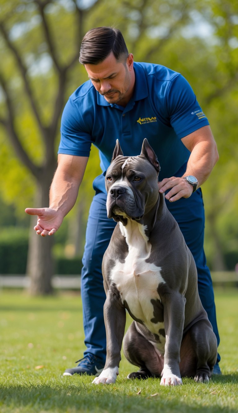 A dog trainer giving commands to a sitting Cane Corso dog in a sunny park.