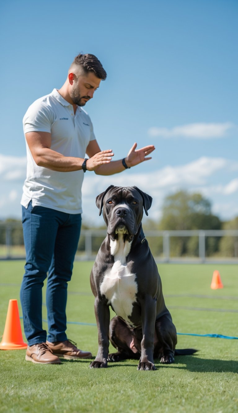 A Cane Corso dog sitting attentively next to its owner in an outdoor training area during a training session.