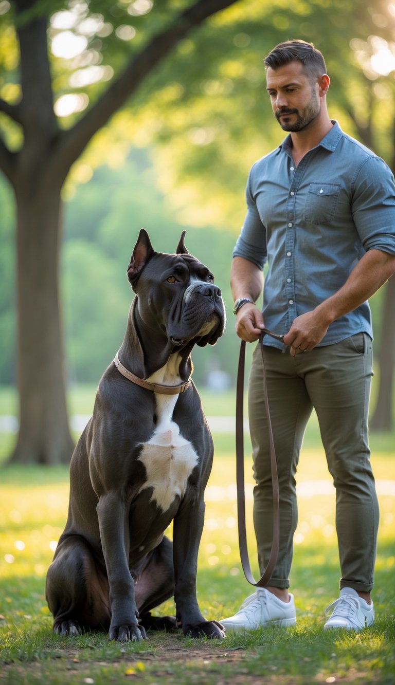 A Cane Corso dog sitting obediently next to its owner in a green park with sunlight filtering through trees.
