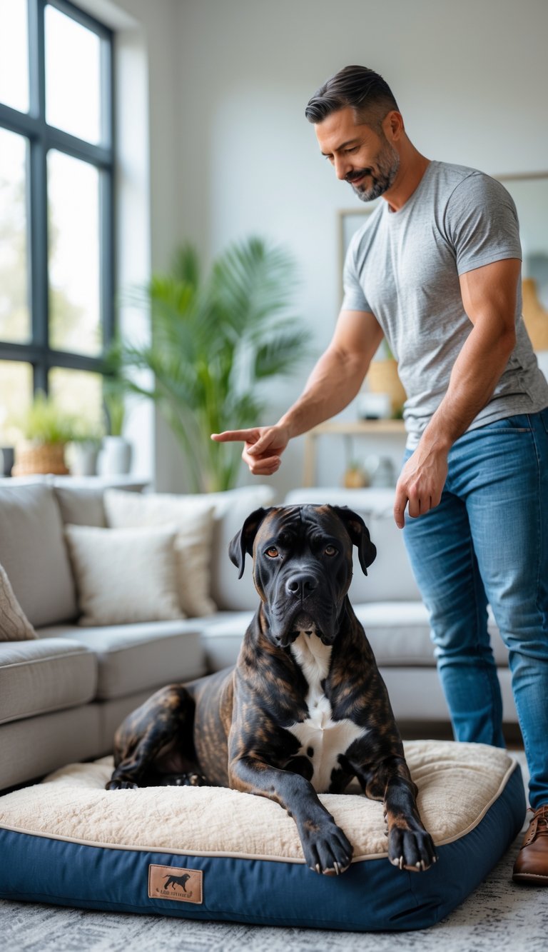 A Cane Corso dog lying on a dog bed in a living room while its owner points towards the bed.