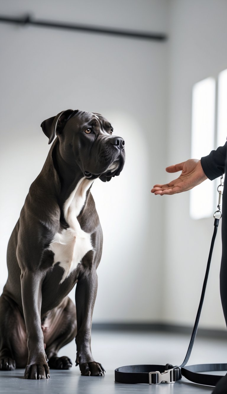A Cane Corso dog sitting attentively indoors, responding calmly to a trainer's hand gesture during a training session.