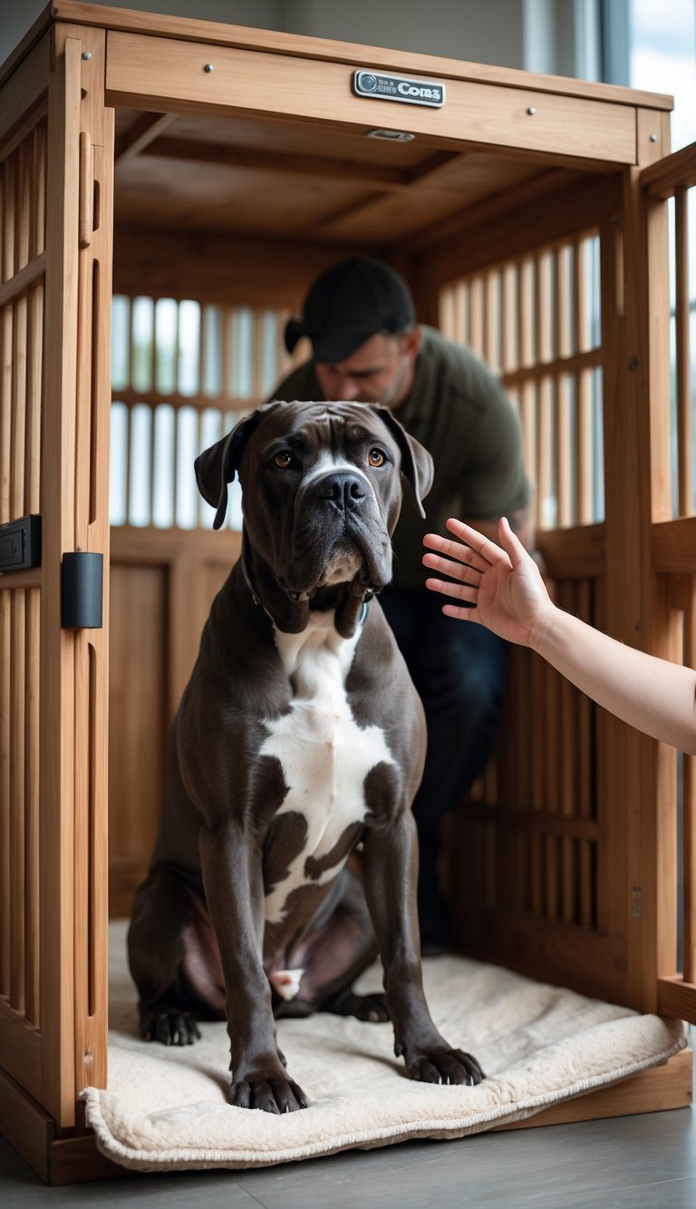 A Cane Corso dog sitting calmly inside an open wooden crate while its owner gives a hand signal command indoors.