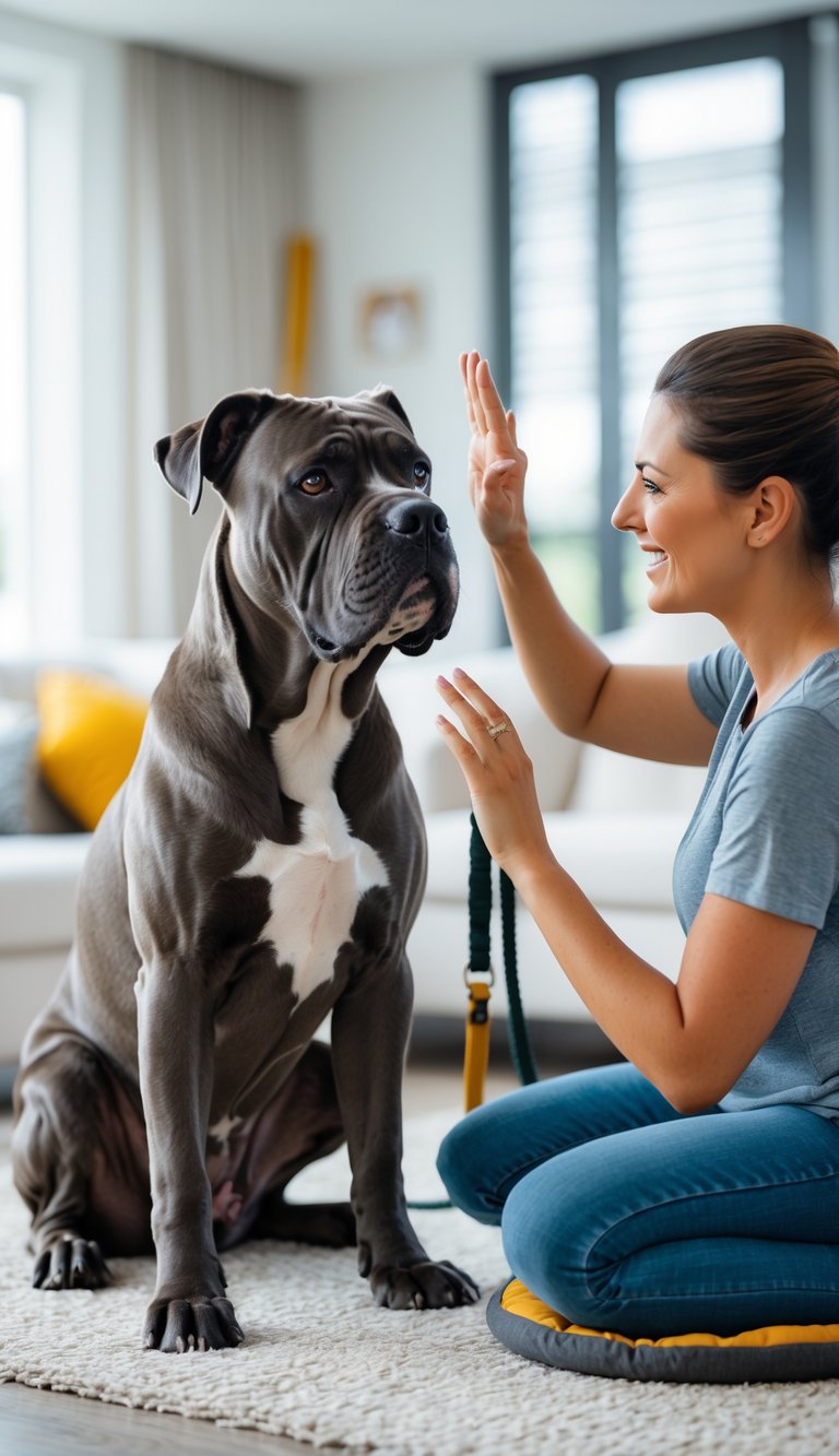 A Cane Corso dog sitting attentively next to its owner in a living room, responding to a hand command.