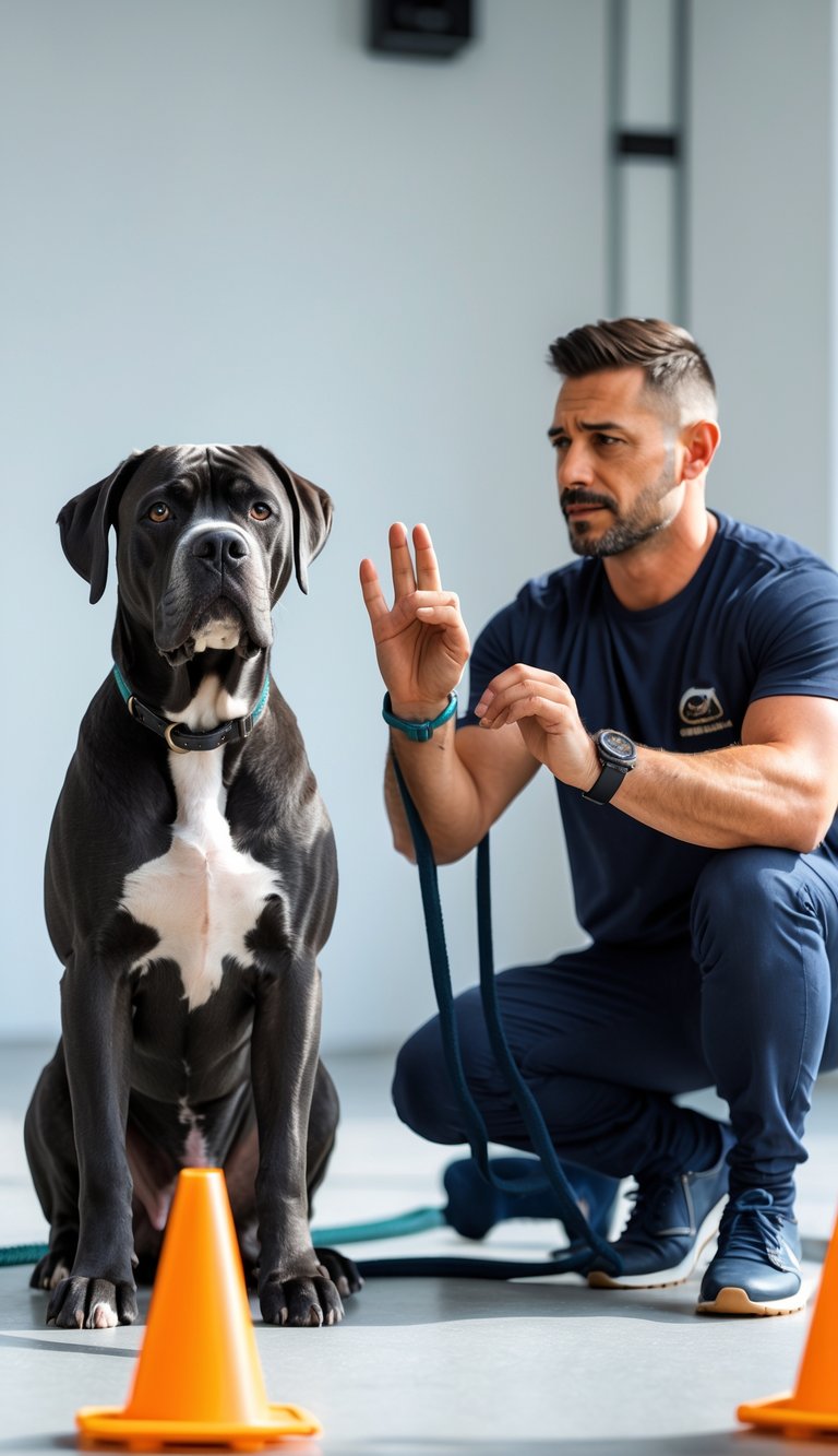 A Cane Corso dog sitting attentively next to its owner who is giving a hand signal command during a training session.