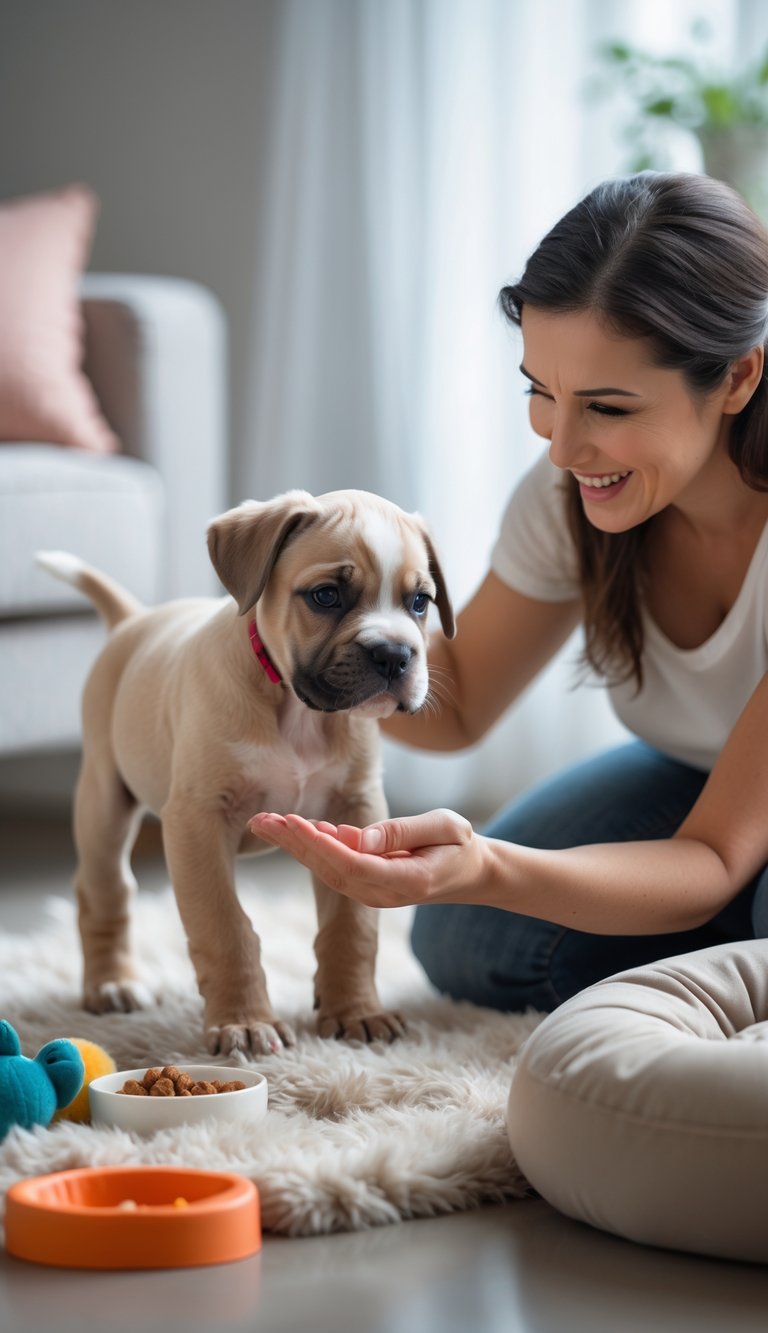 A young Cane Corso puppy interacts gently with a woman indoors, surrounded by soft toys and natural light.