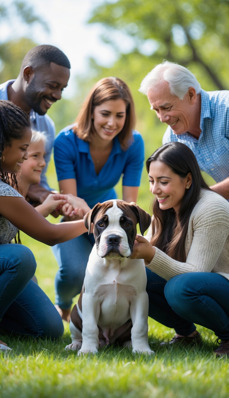 A Cane Corso puppy being gently introduced to several people outdoors in a park.