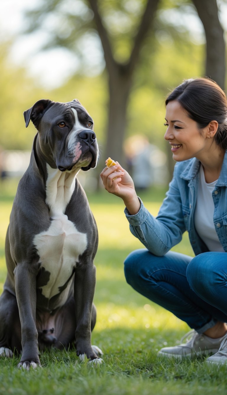 A person giving a treat to a calm Cane Corso dog sitting in a park during a positive socialization session.