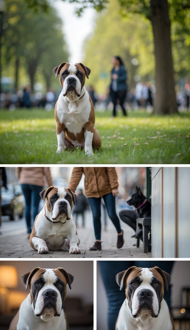 A Cane Corso dog calmly interacting with a person in a park, with urban and indoor environments visible in the background.