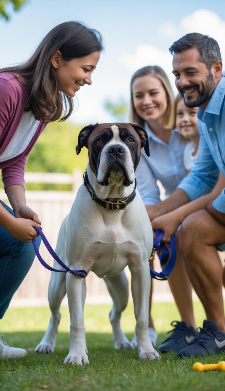 A calm Cane Corso dog interacting gently with people in a safe outdoor space with grass and a fence.