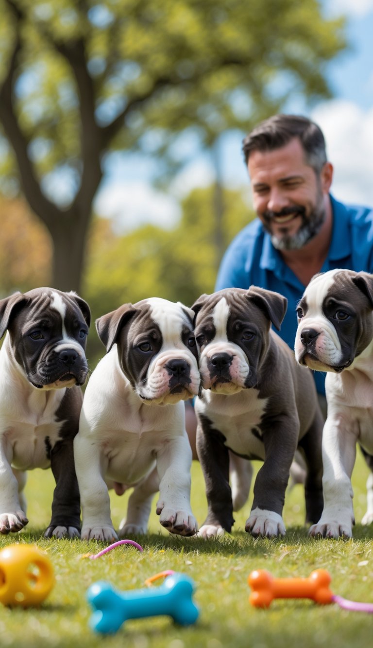 Several Cane Corso puppies playing together on grass in a sunny park while a person watches them nearby.