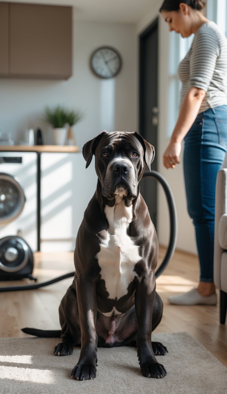 A calm Cane Corso dog sitting in a living room surrounded by household objects like a vacuum cleaner, clock, and washing machine, appearing relaxed and attentive.