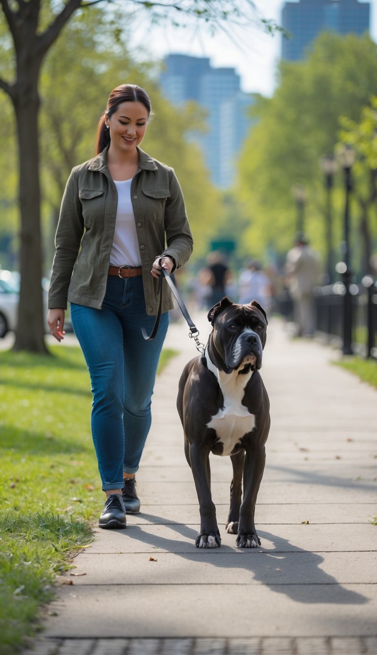 A person walking a calm Cane Corso dog on a leash in a green public park with trees and a paved path.