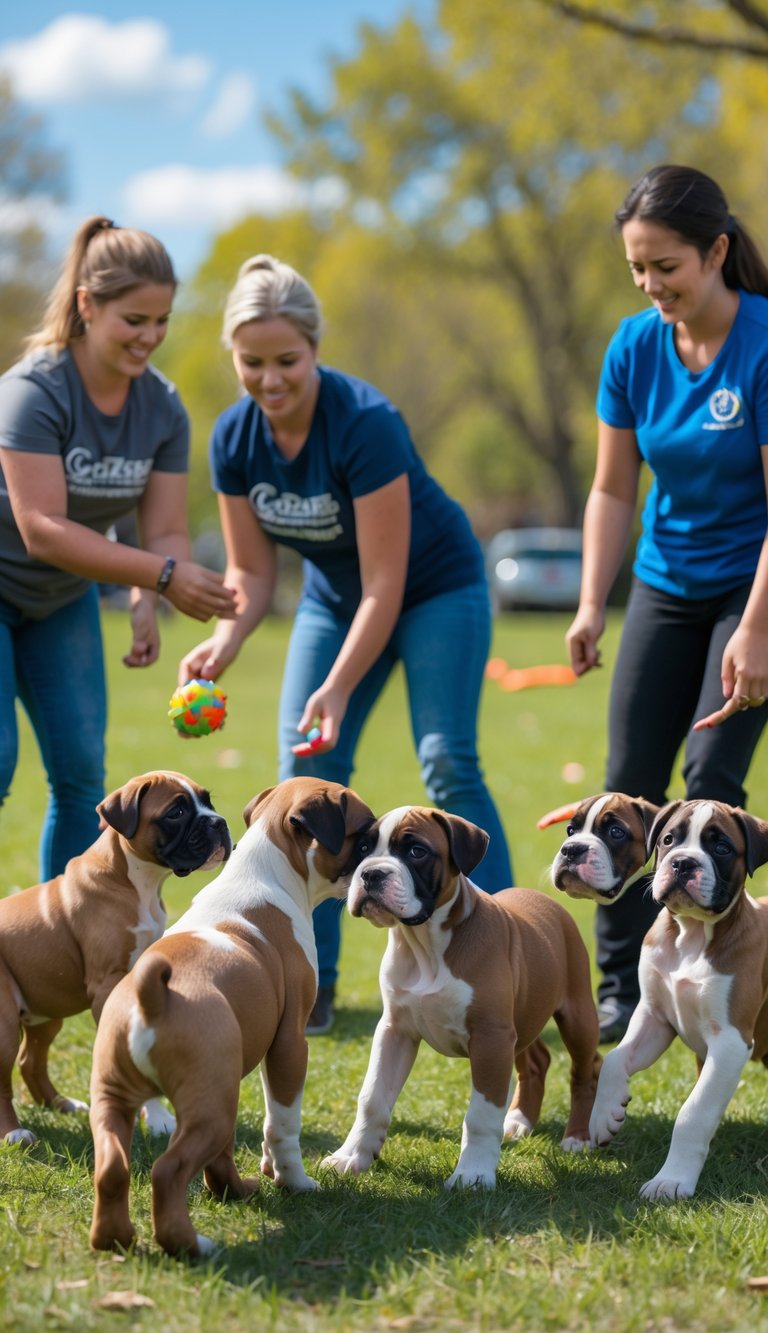 Several Cane Corso puppies playing and interacting with people in an outdoor dog training class at a park.