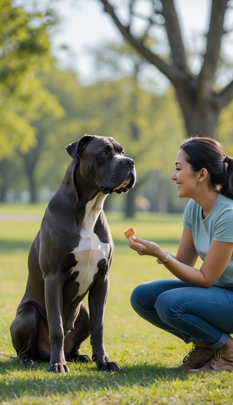 A Cane Corso dog calmly sitting next to its owner while a friendly stranger offers a treat in a green outdoor park.