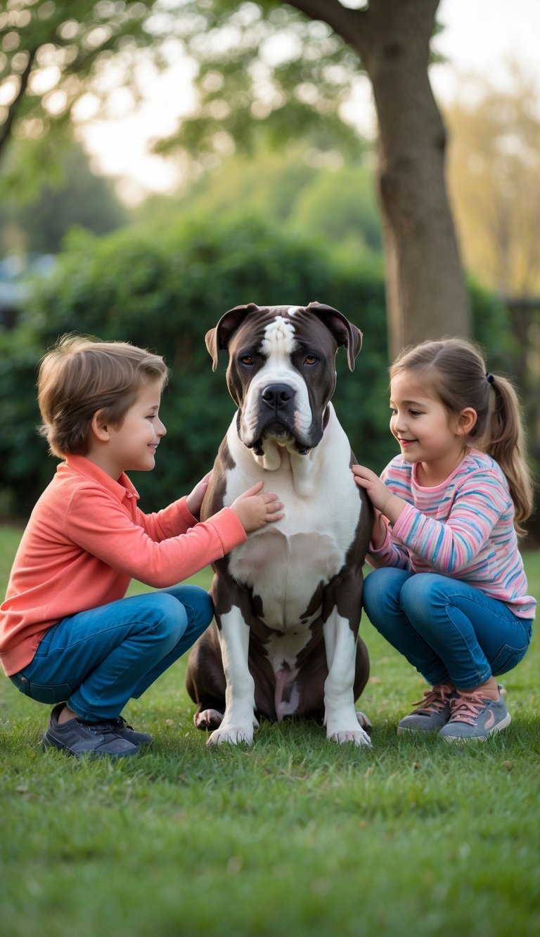A calm Cane Corso dog sitting peacefully next to two young children who are gently petting it outdoors.