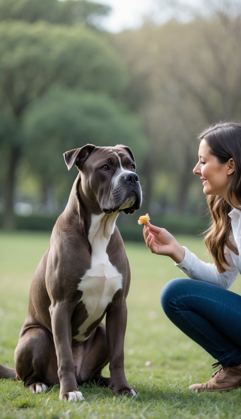 A calm Cane Corso dog sitting attentively outdoors with a person offering a treat in a peaceful park setting.