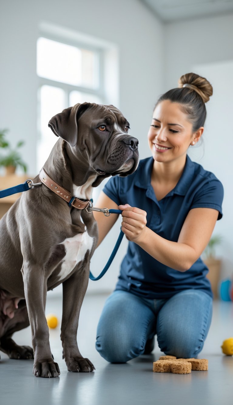 A person gently handling a calm Cane Corso dog indoors during a training session.
