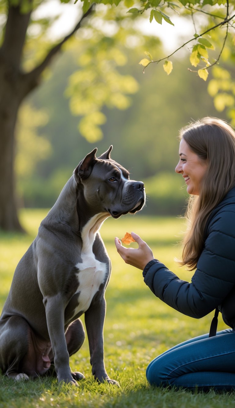 A calm Cane Corso dog sitting while a person kneels down offering a treat outdoors in a park.
