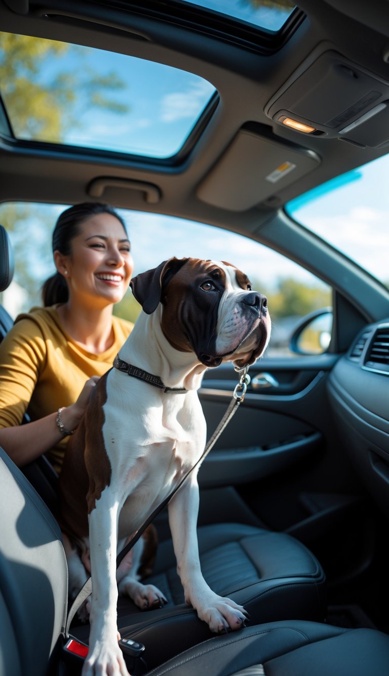 A person riding in a car with a calm Cane Corso dog sitting beside them.